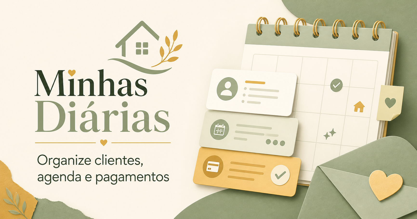 Prévia das telas do aplicativo Minhas Diárias com agenda, clientes e pagamentos